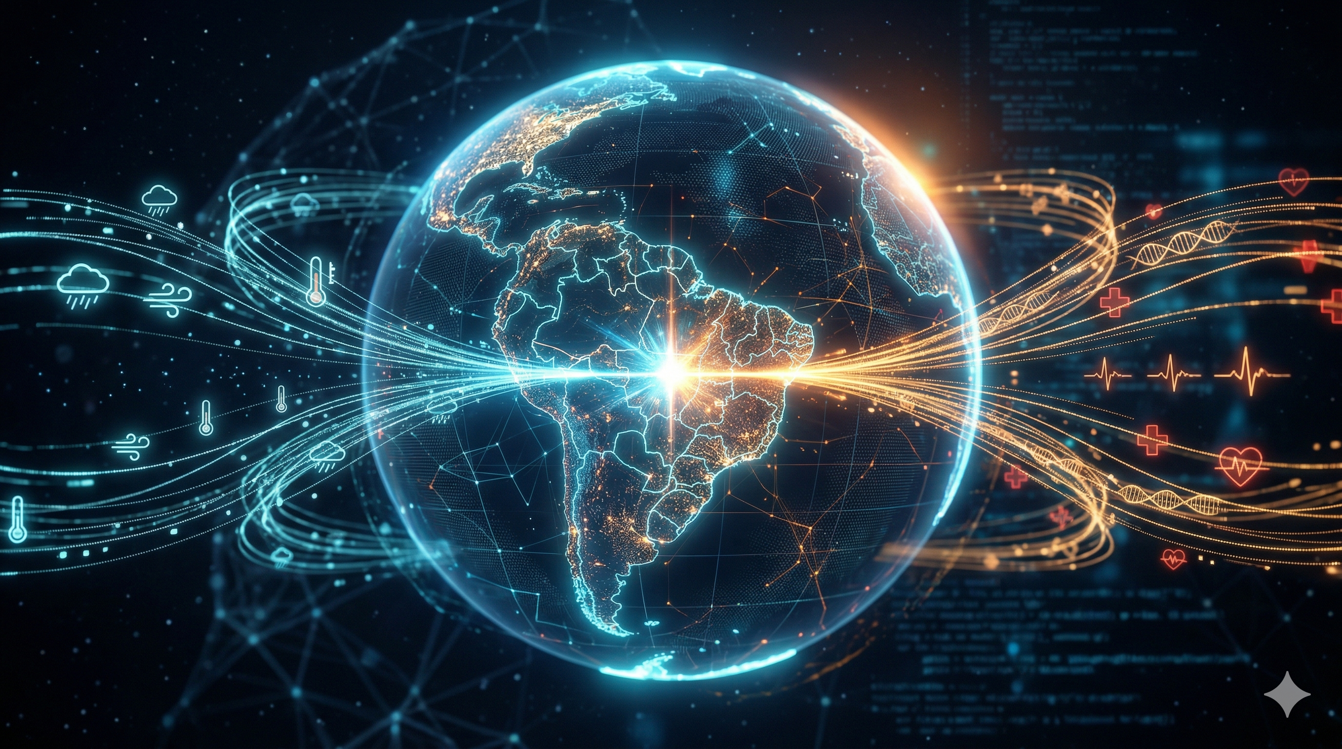 Globo digital com fluxos de dados climáticos e de saúde